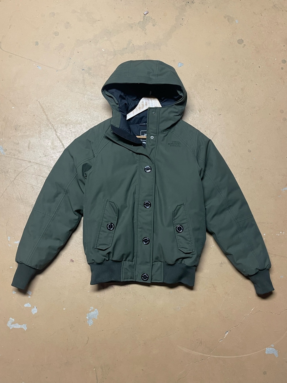 The North Face Women’s Dark Green Down Filled Hooded Bomber Jacket Small